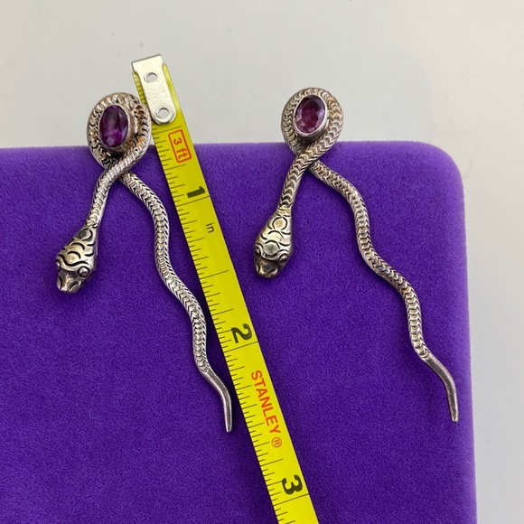 💛 Vintage 925 Silver Snake Earrings with Purple Amethyst Gemstone - Picture 5 of 7